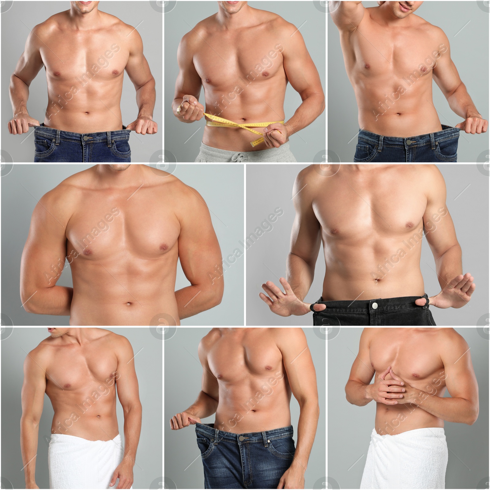 Image of Sporty man with muscular torso on light grey background, closeup. Collage of photos