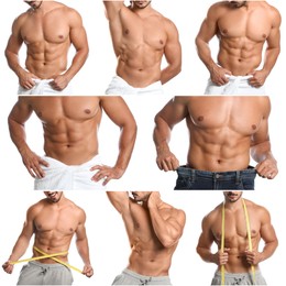 Image of Collage with photos of man with muscular torso on white background