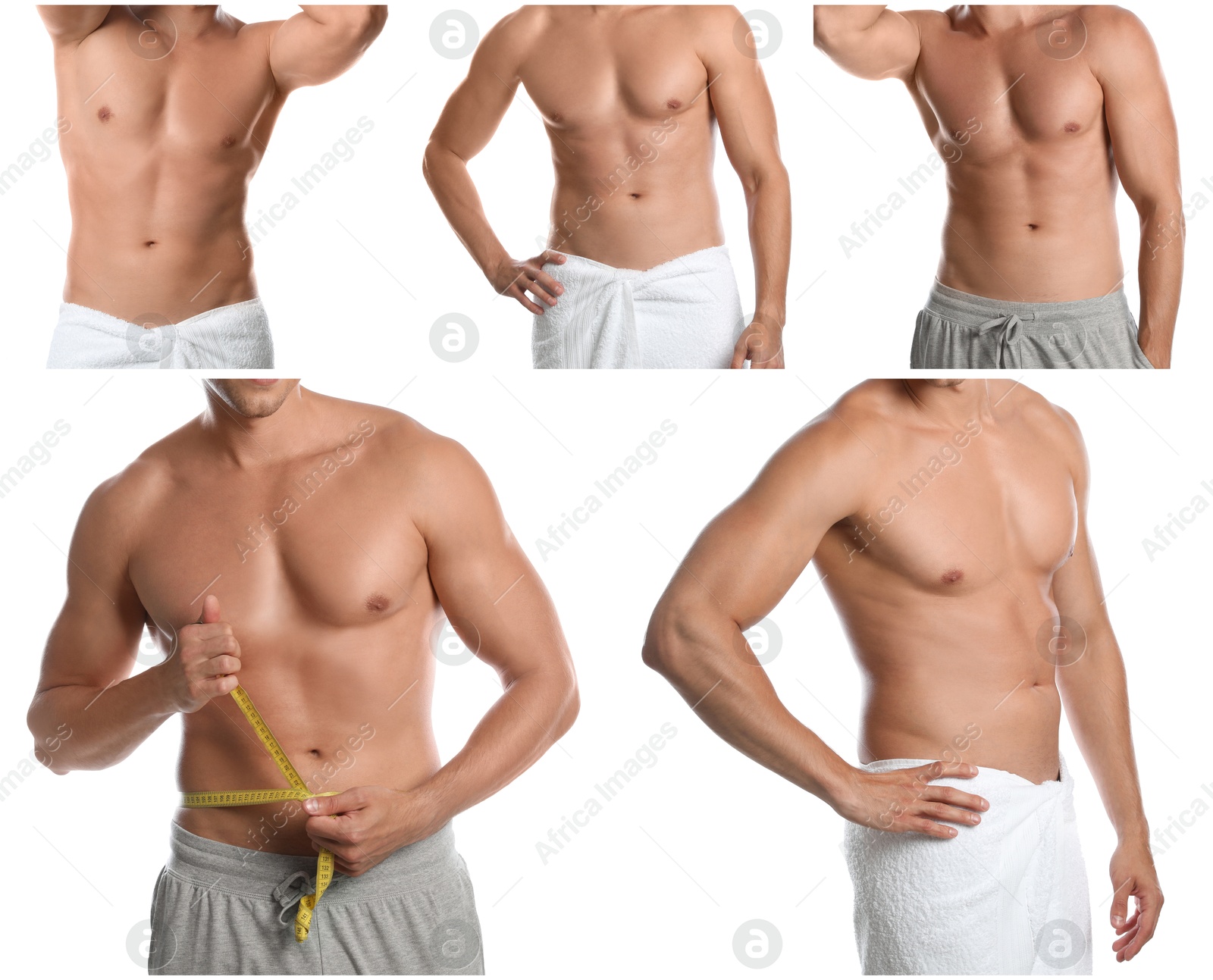 Image of Collage with photos of man with muscular torso on white background