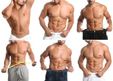 Image of Collage with photos of man with muscular torso on white background
