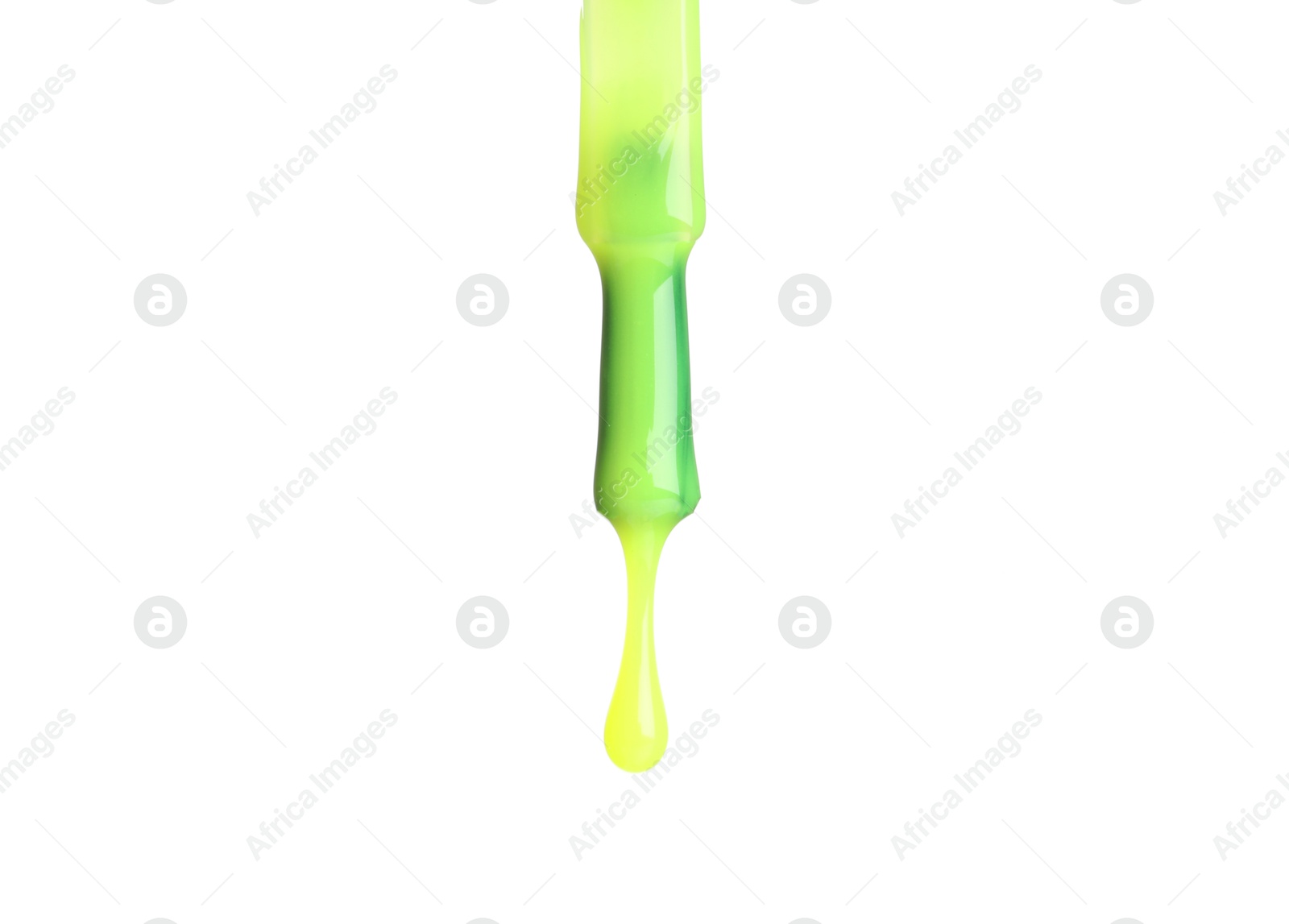 Photo of Bright nail polish dripping from brush isolated on white