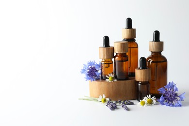 Photo of Aromatherapy. Different essential oils and flowers on white background, space for text