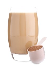 Delicious protein shake in glass and scoop with powder isolated on white