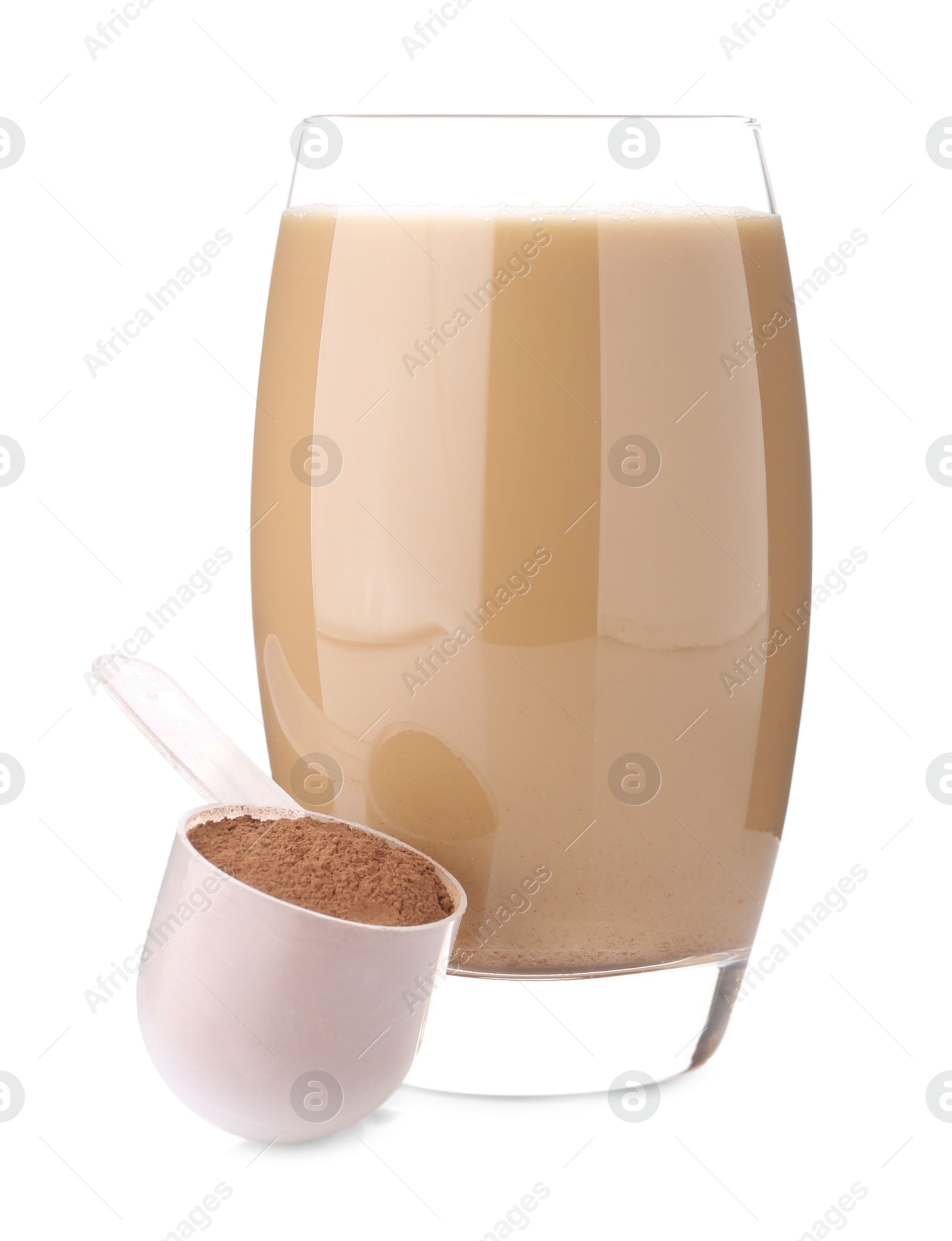 Photo of Delicious protein shake in glass and scoop with powder isolated on white