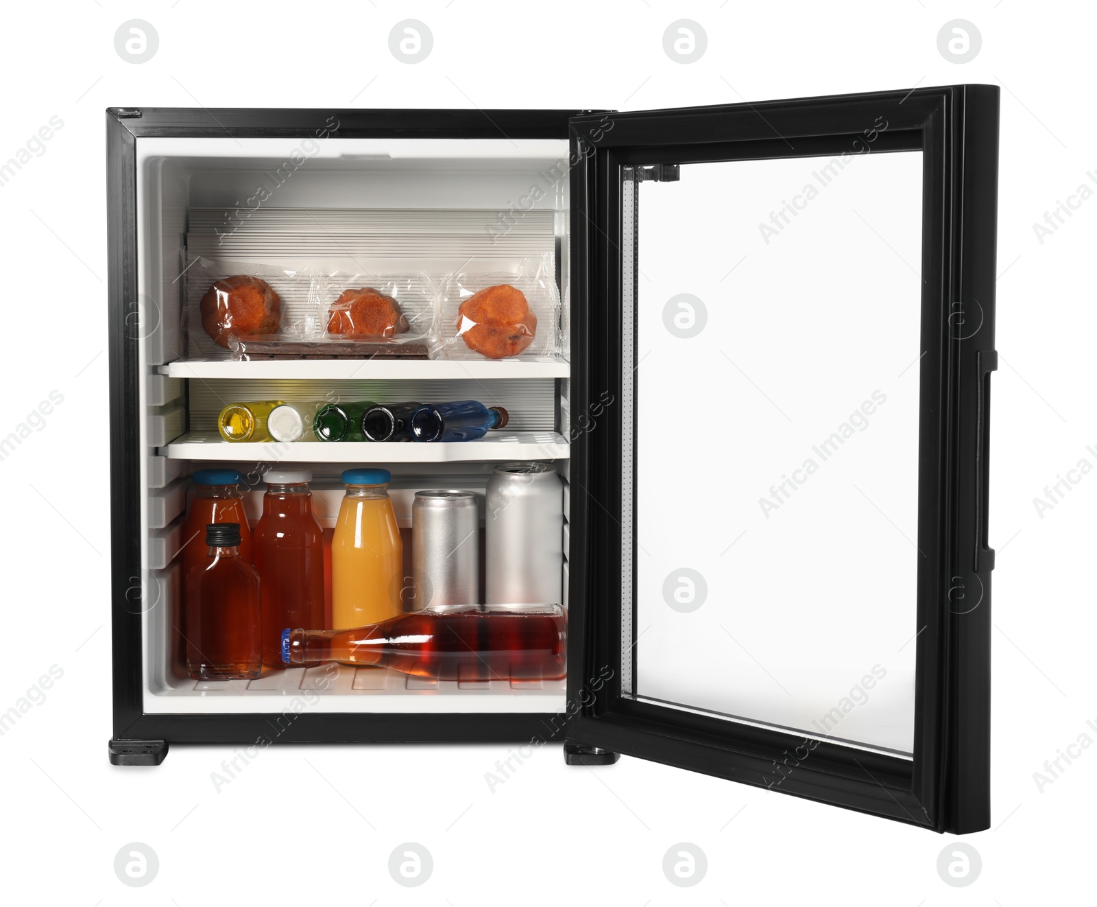 Photo of Mini refrigerator with drinks and snacks isolated on white