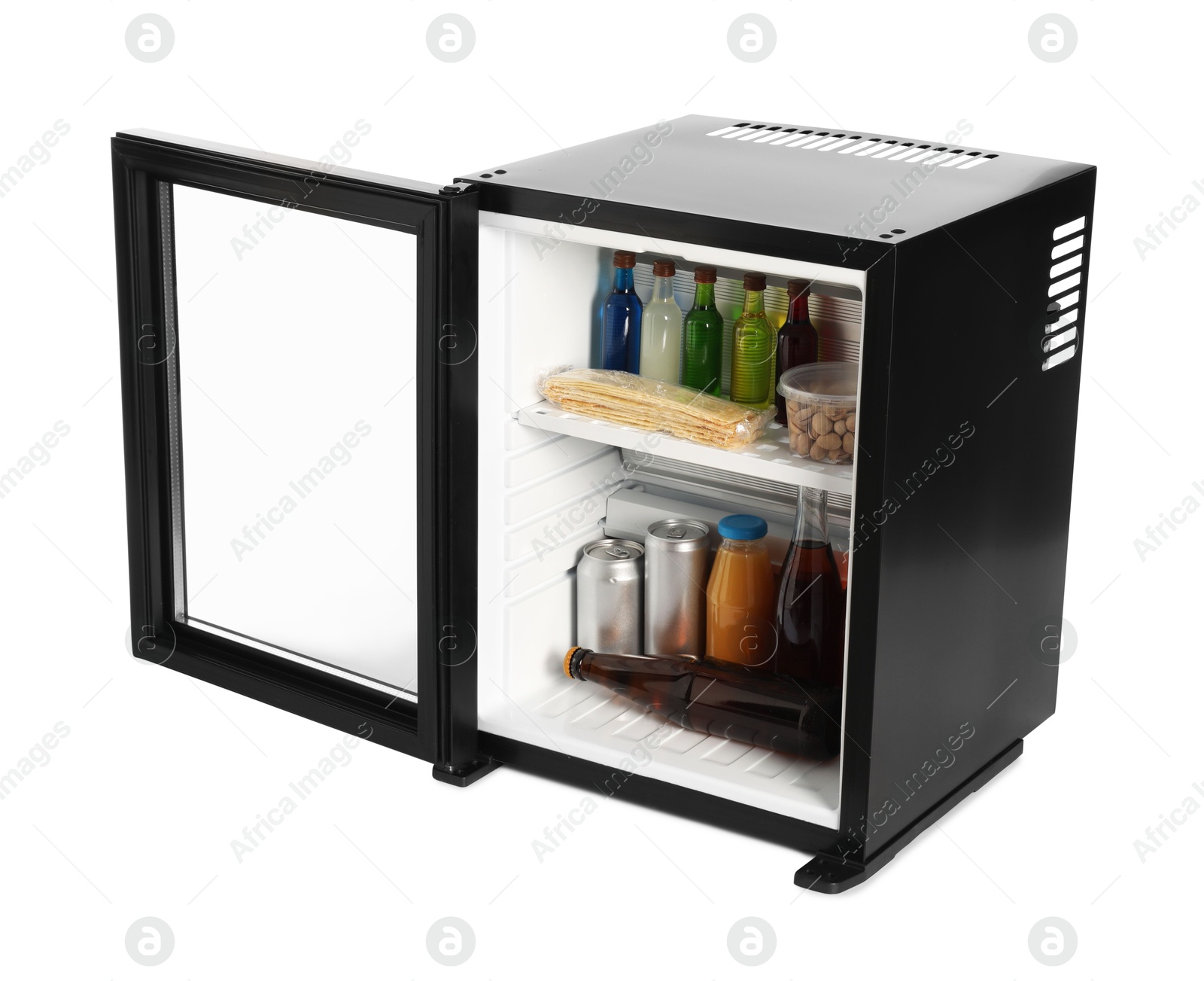 Photo of Mini refrigerator with drinks and snacks isolated on white