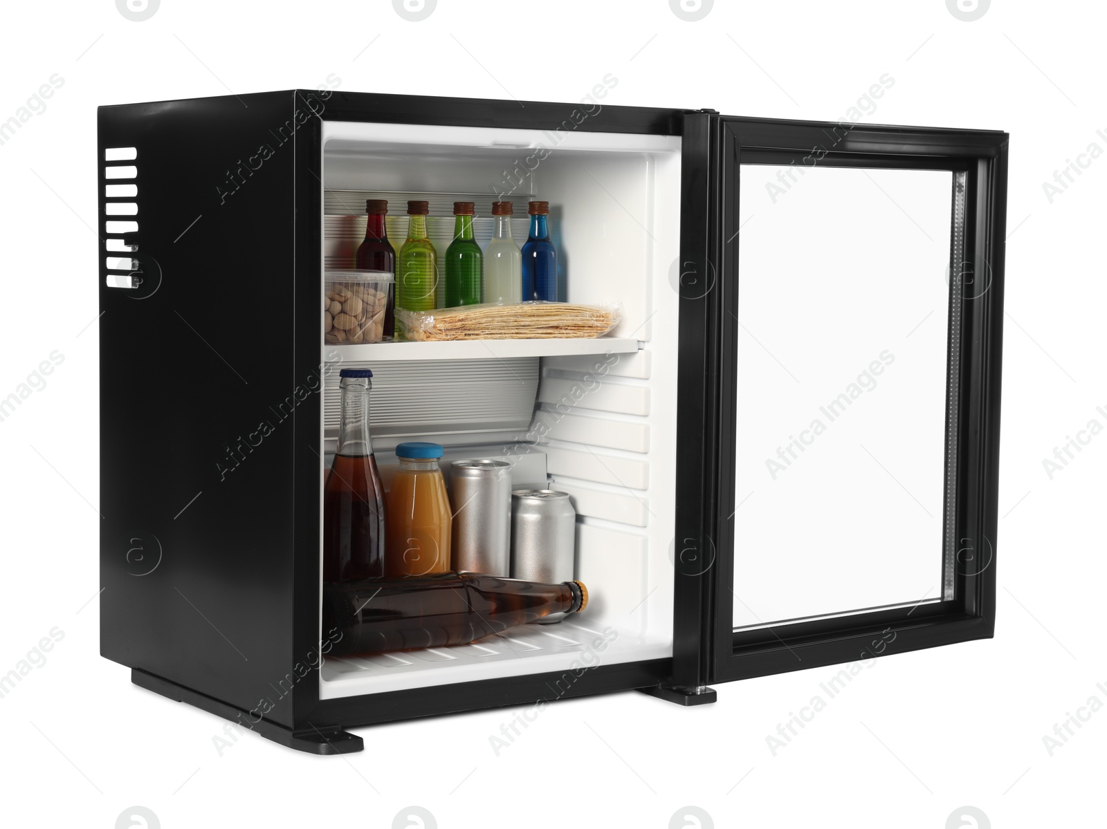 Photo of Mini refrigerator with drinks and snacks isolated on white