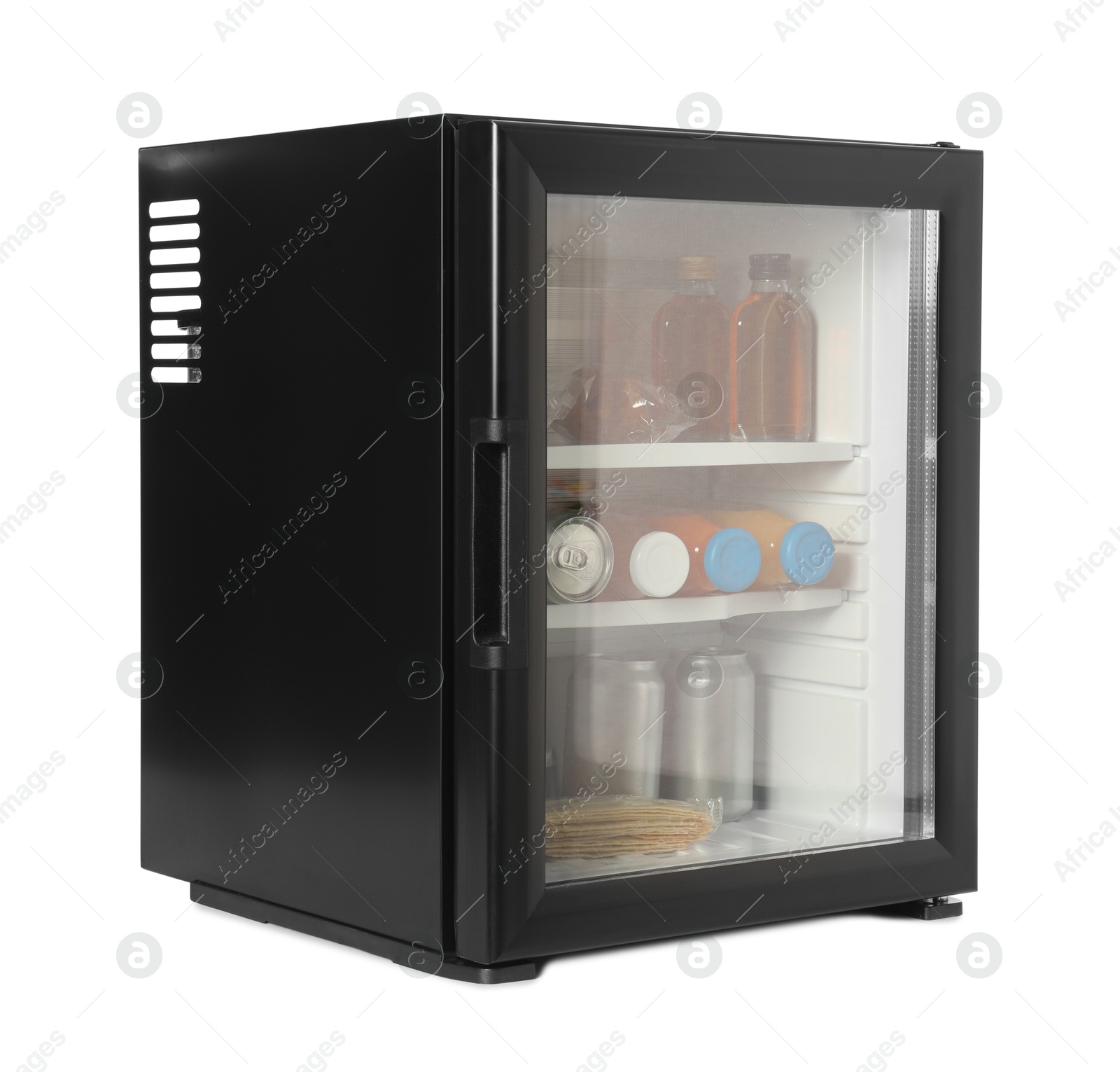 Photo of Mini refrigerator with drinks isolated on white