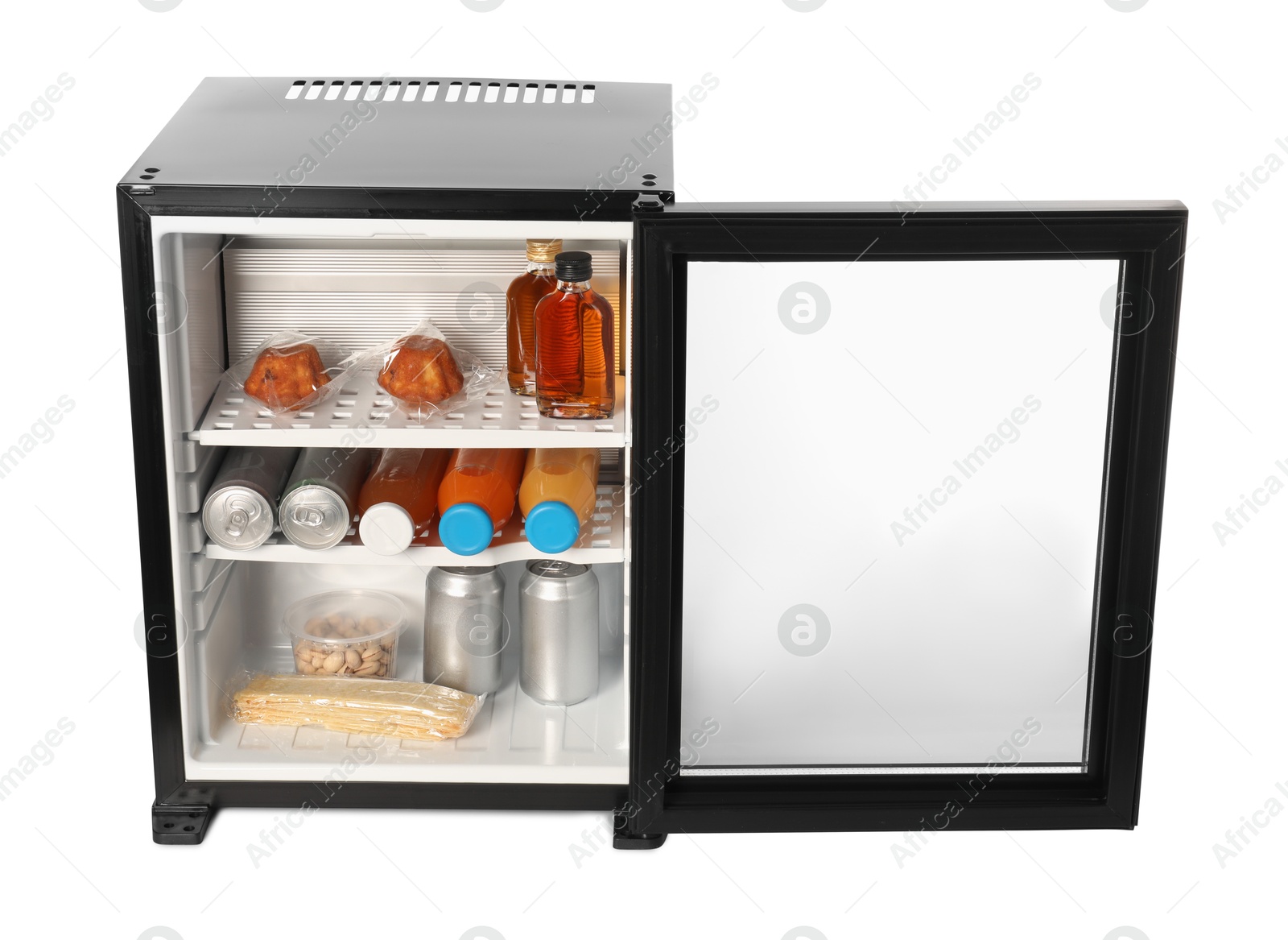 Photo of Mini refrigerator with drinks and snacks isolated on white