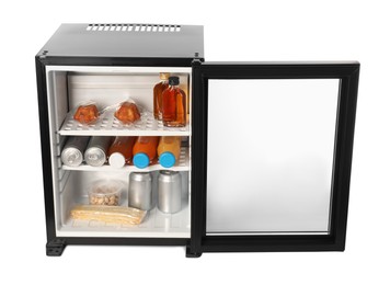 Photo of Mini refrigerator with drinks and snacks isolated on white