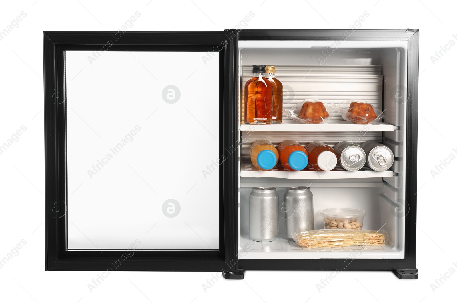 Photo of Mini refrigerator with drinks and snacks isolated on white