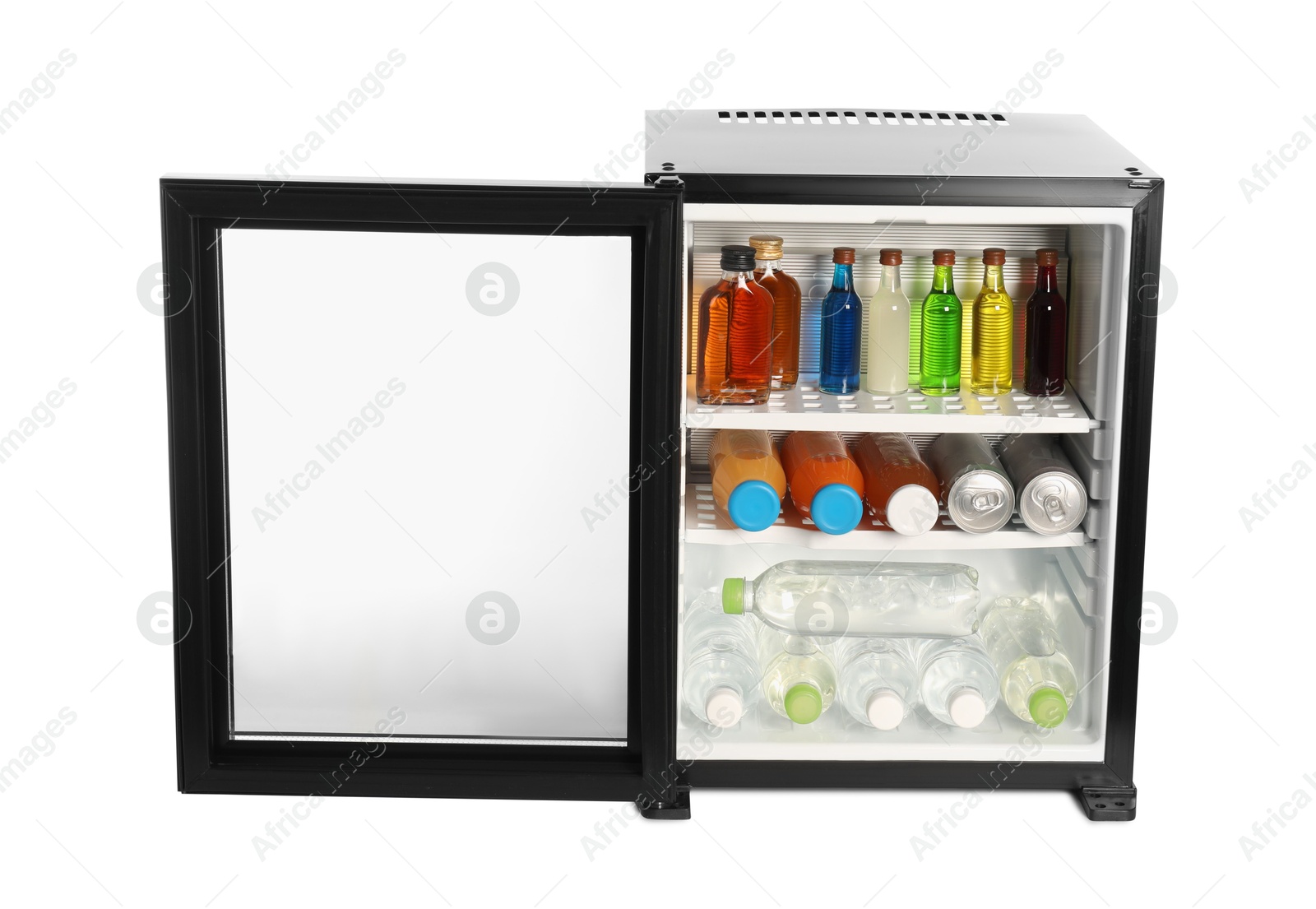 Photo of Mini refrigerator with drinks isolated on white