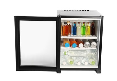 Photo of Mini refrigerator with drinks isolated on white