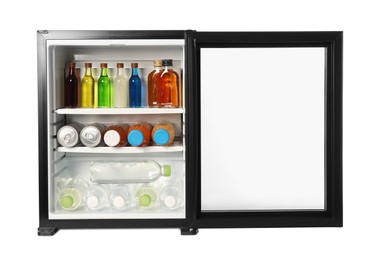 Mini refrigerator with drinks isolated on white