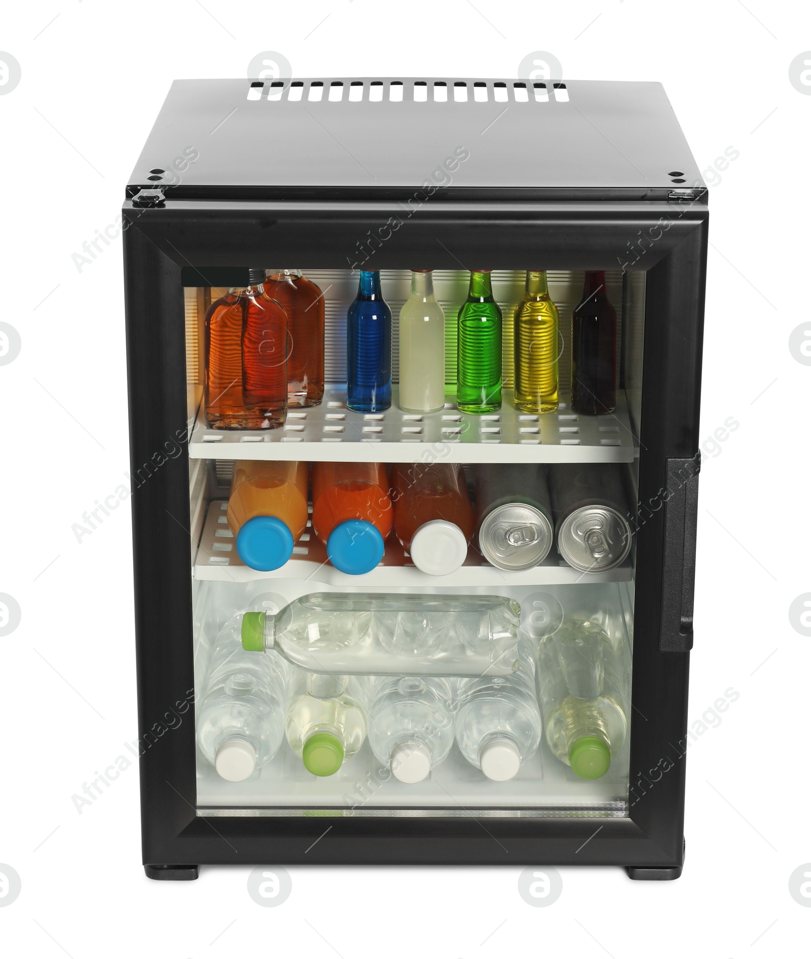 Photo of Mini refrigerator with drinks isolated on white