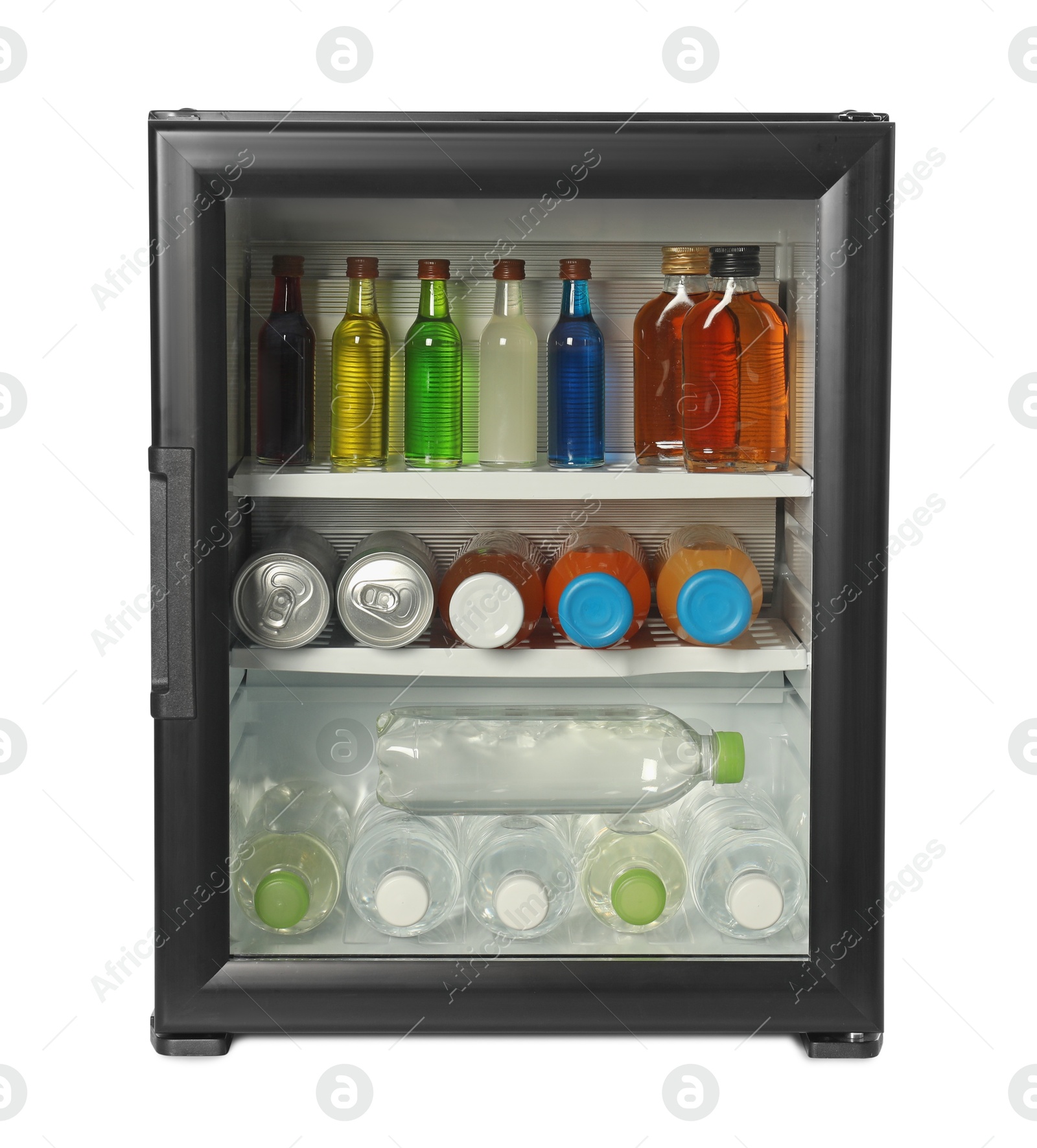 Photo of Mini refrigerator with drinks isolated on white