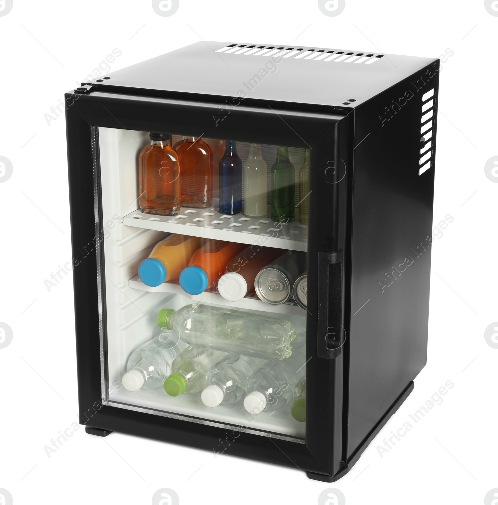 Photo of Mini refrigerator with drinks isolated on white