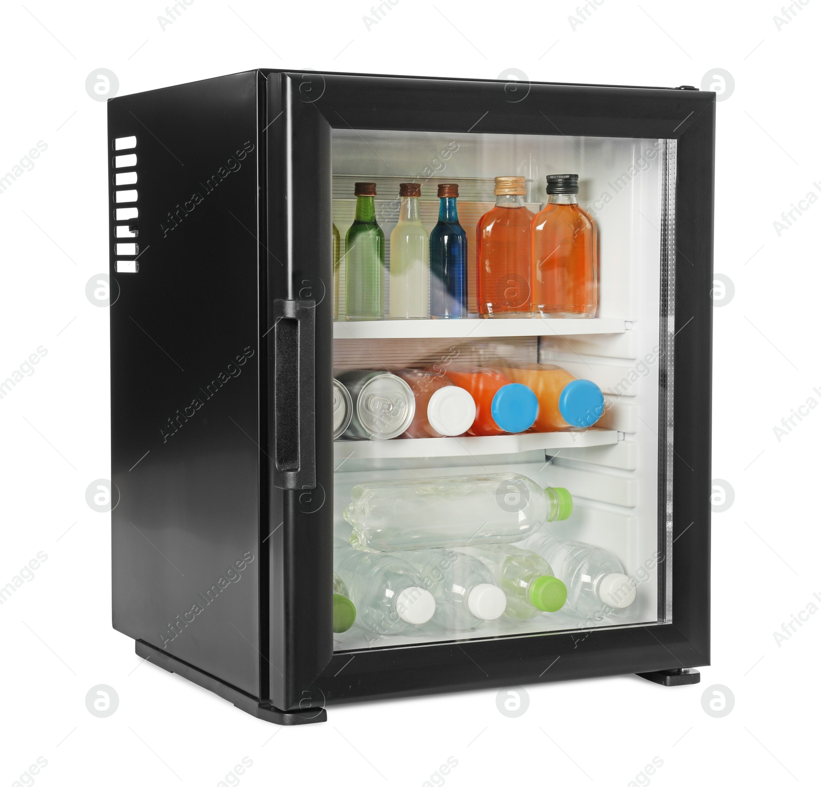 Photo of Mini refrigerator with drinks isolated on white