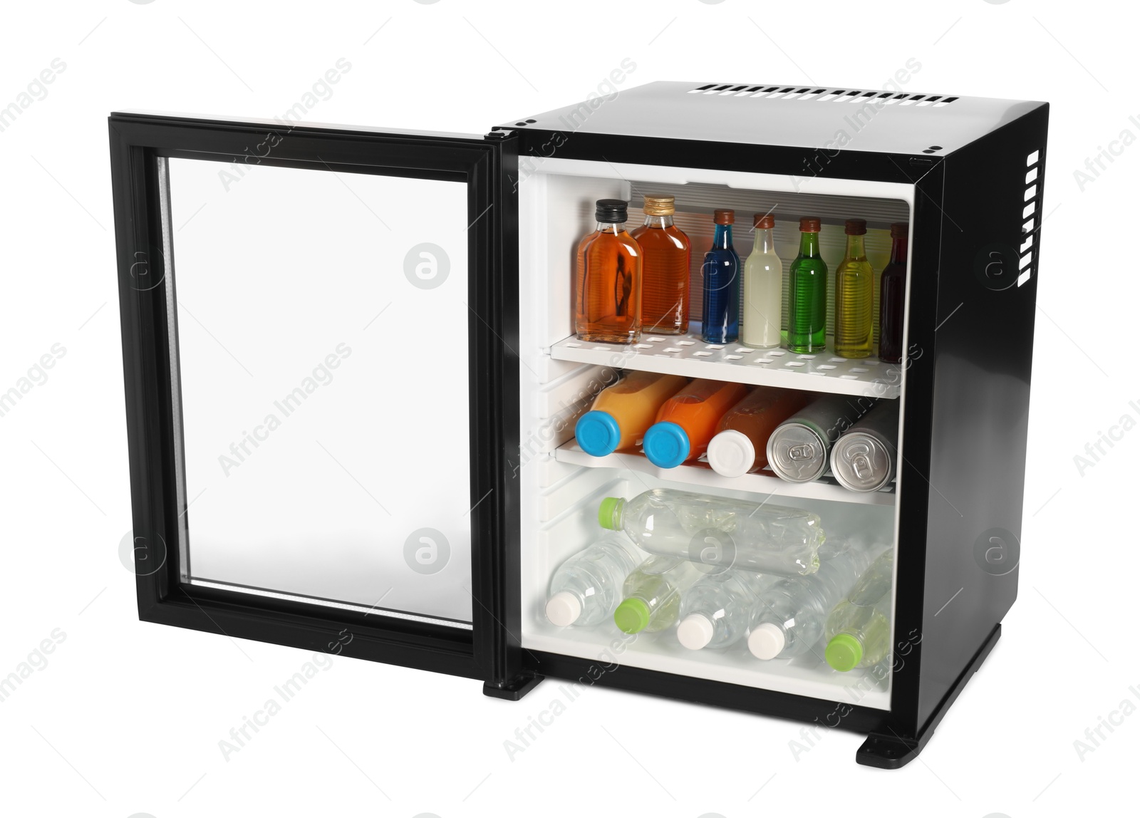 Photo of Mini refrigerator with drinks isolated on white