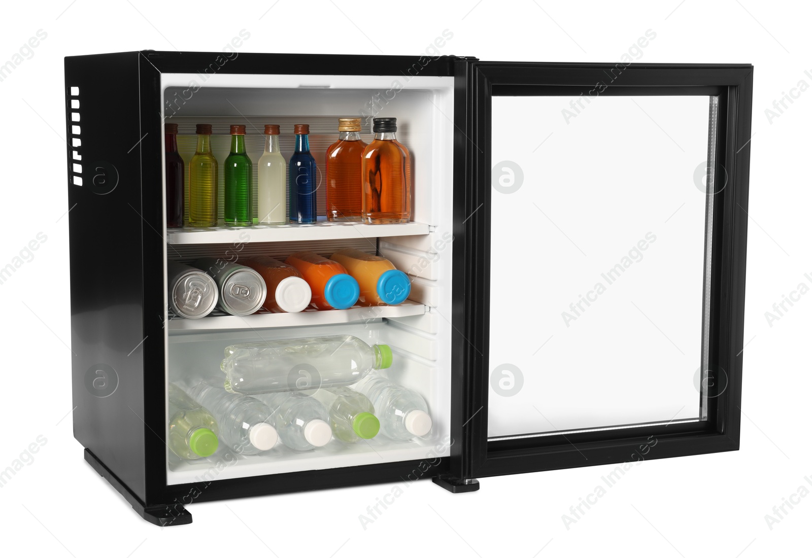 Photo of Mini refrigerator with drinks isolated on white