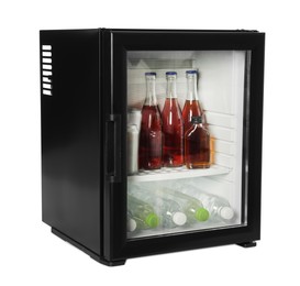 Photo of Mini refrigerator with drinks isolated on white