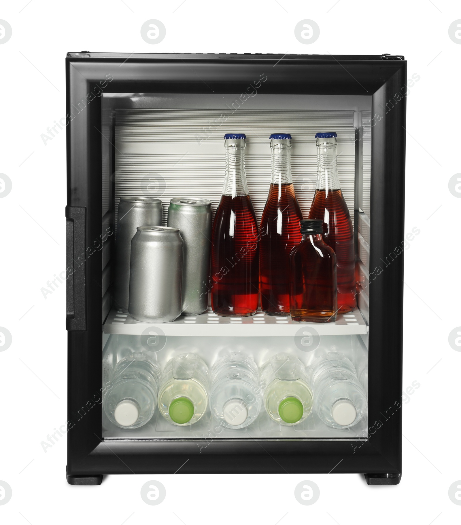 Photo of Mini refrigerator with drinks isolated on white