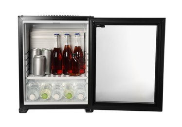 Photo of Mini refrigerator with drinks isolated on white