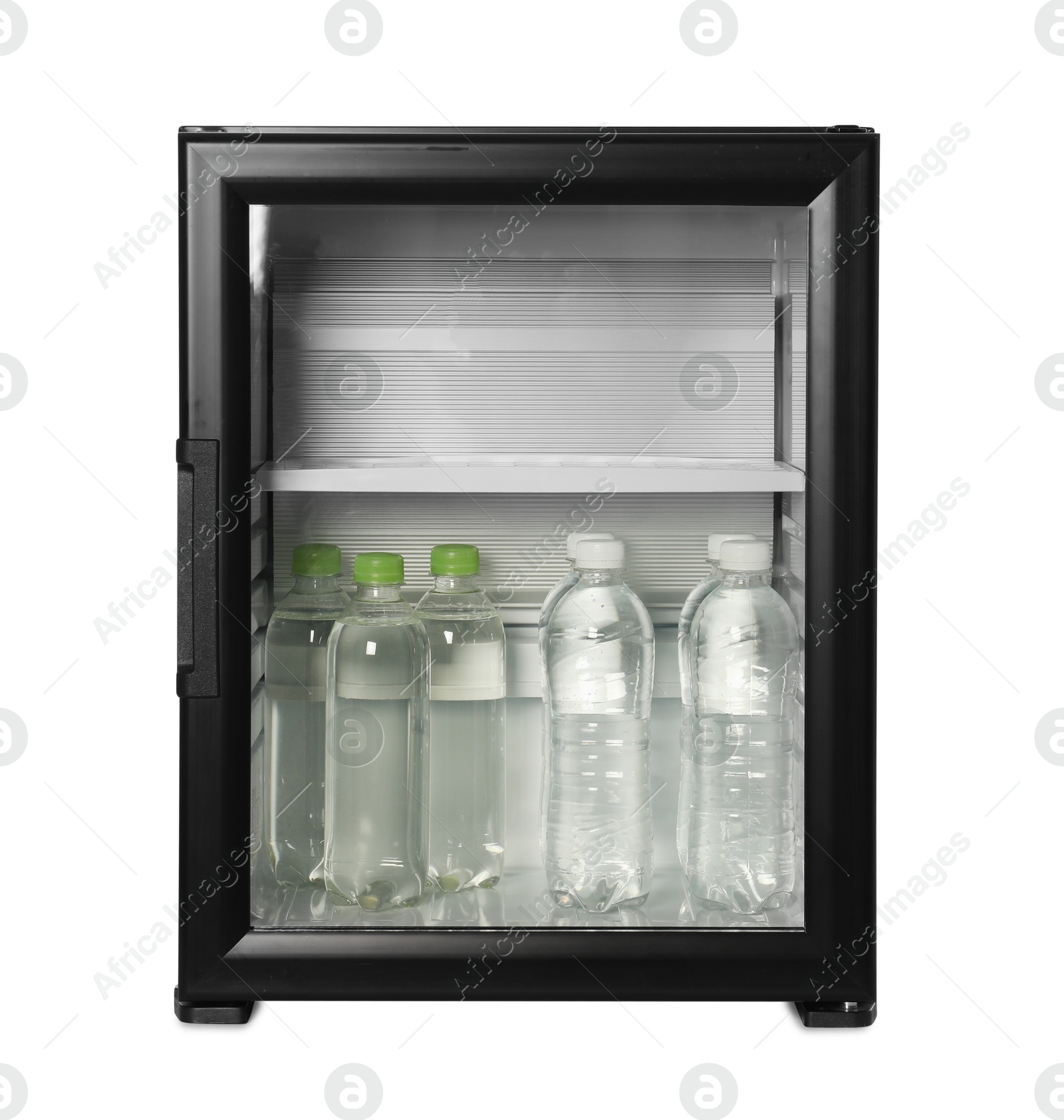 Photo of Mini refrigerator with drinks isolated on white