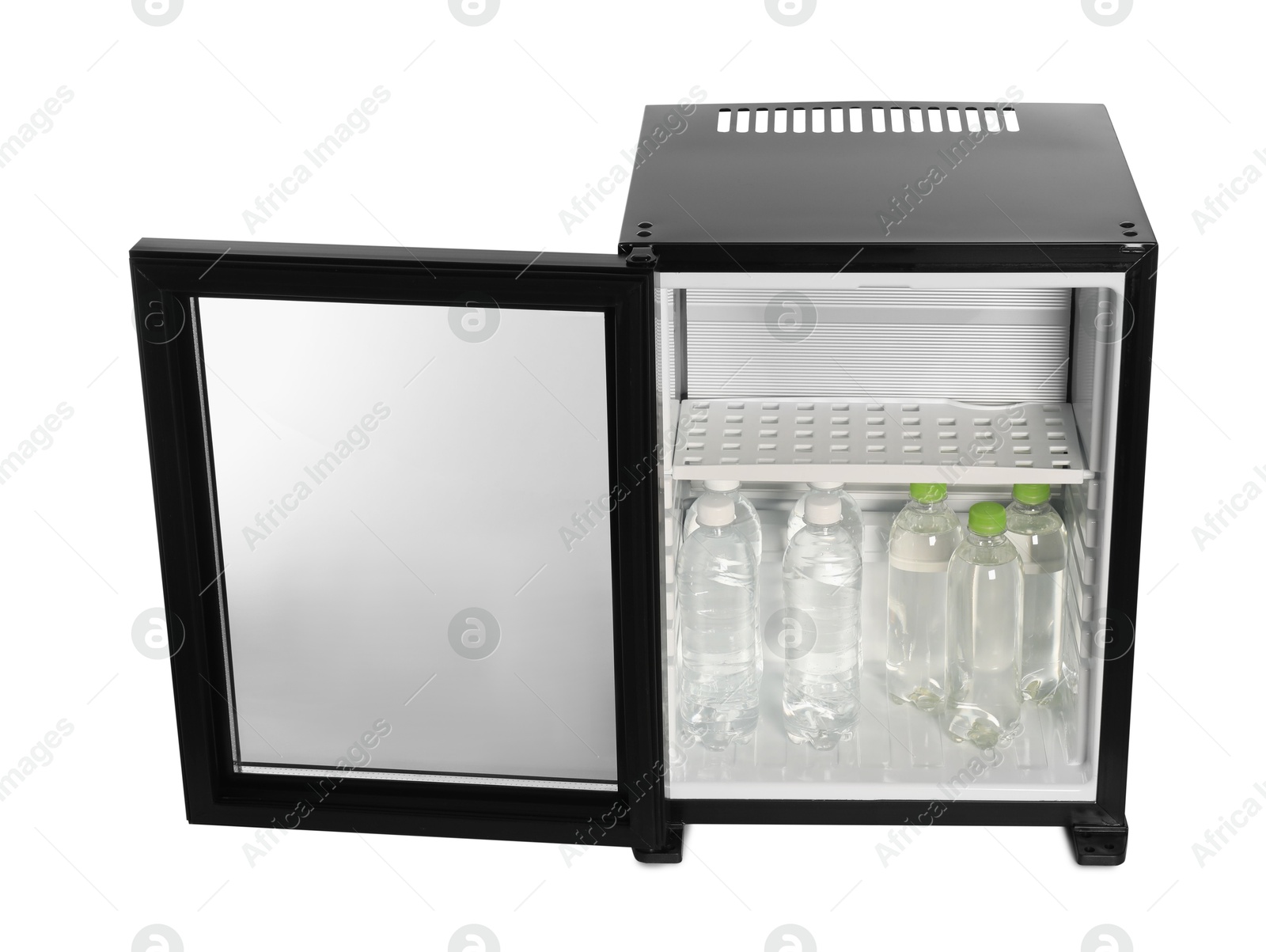 Photo of Mini refrigerator with drinks isolated on white