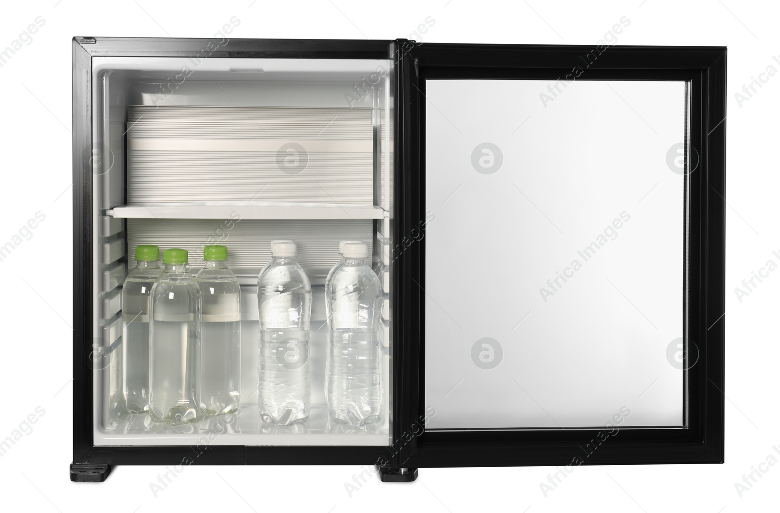 Photo of Mini refrigerator with drinks isolated on white