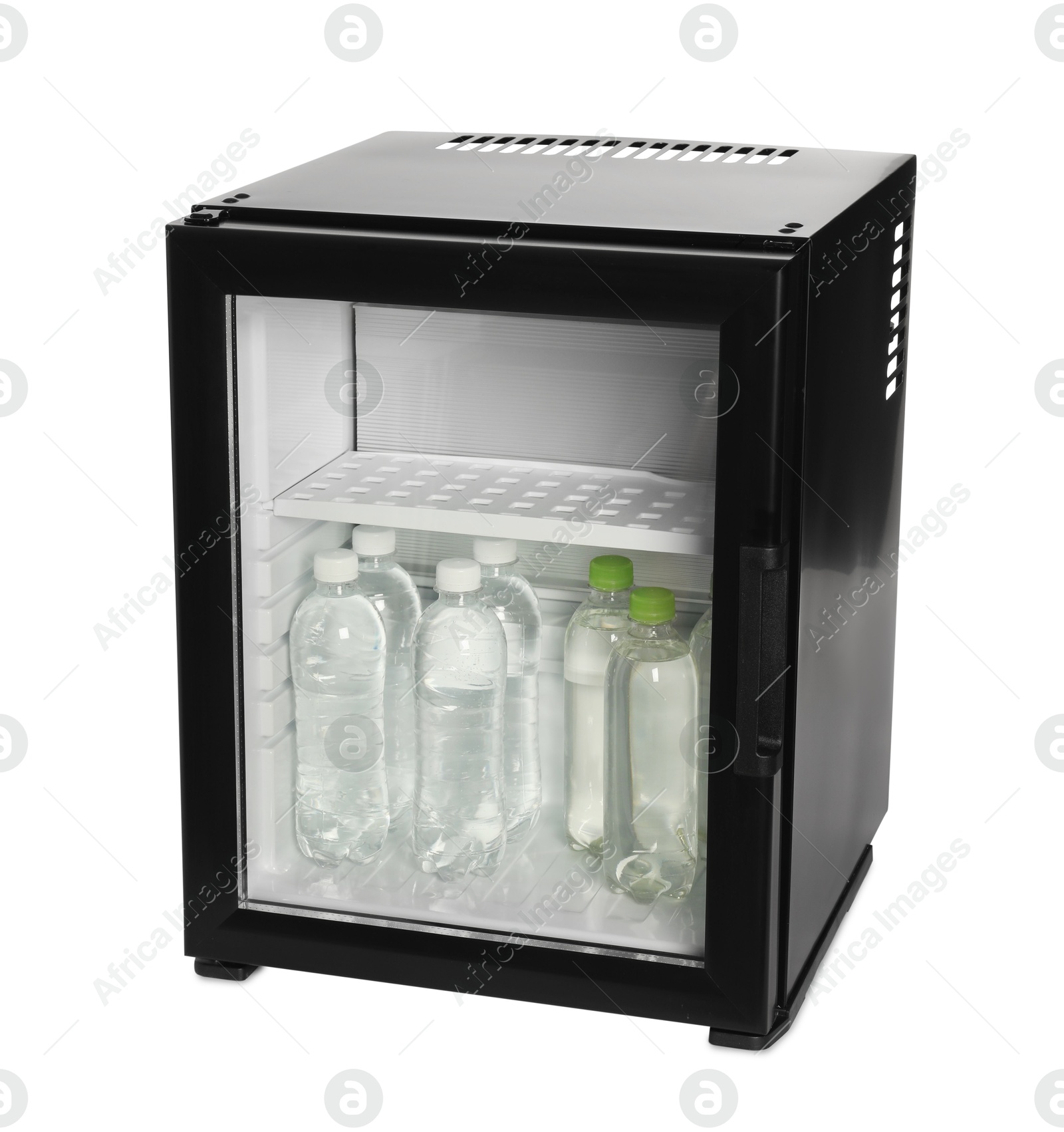 Photo of Mini refrigerator with drinks isolated on white