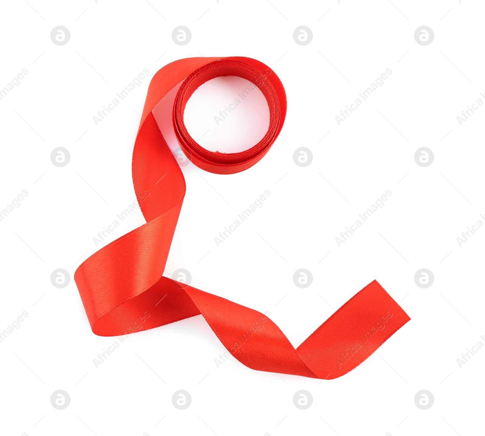 Photo of One beautiful red ribbon isolated on white, top view