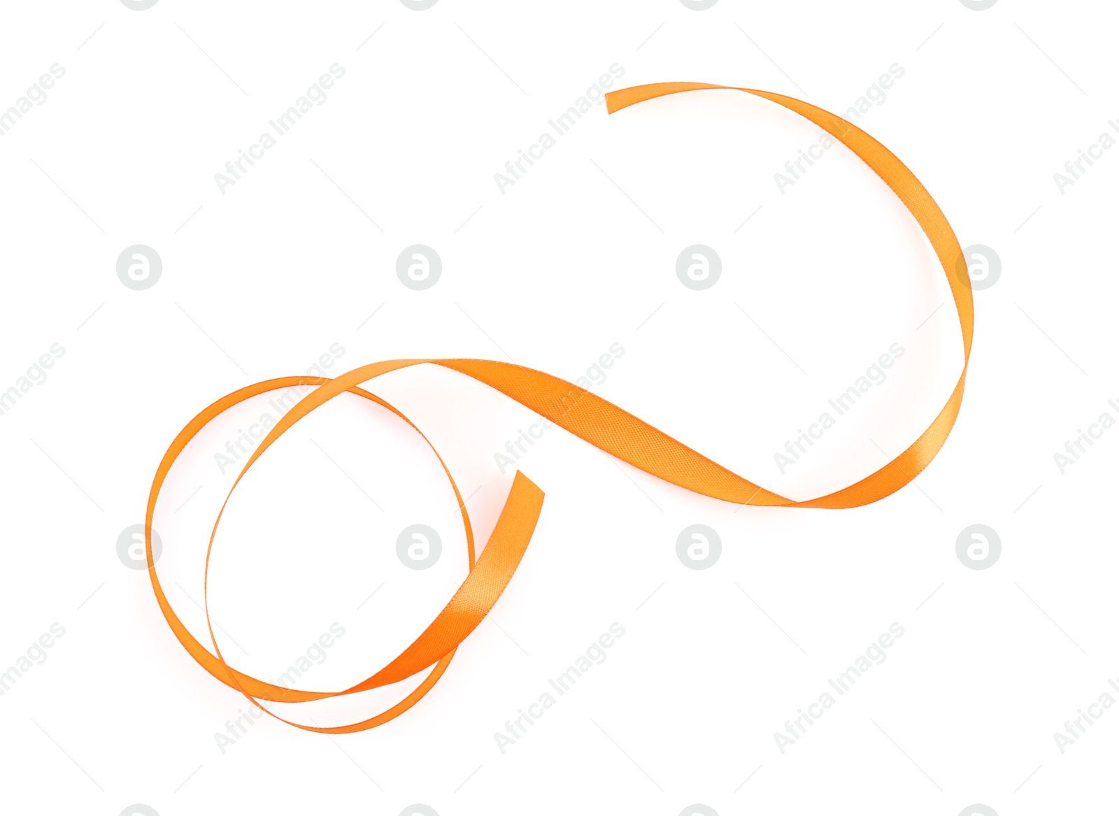 Photo of One beautiful orange ribbon isolated on white, top view