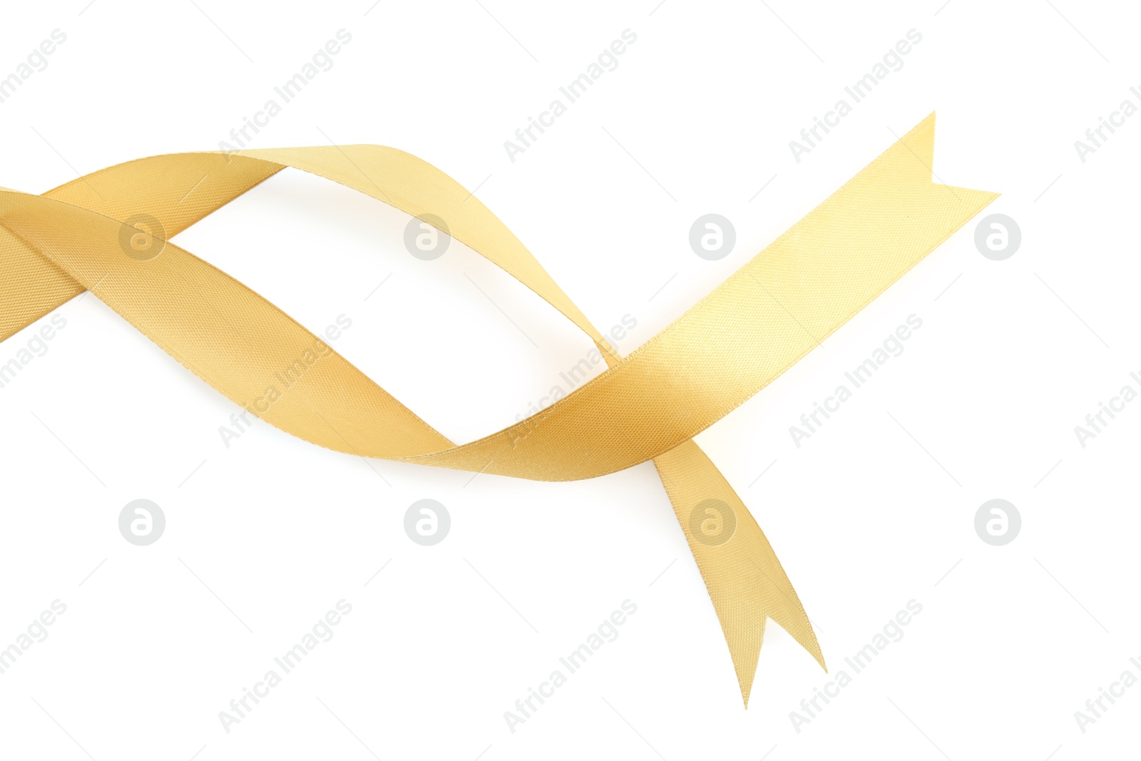 Photo of One beautiful light yellow ribbon isolated on white, top view