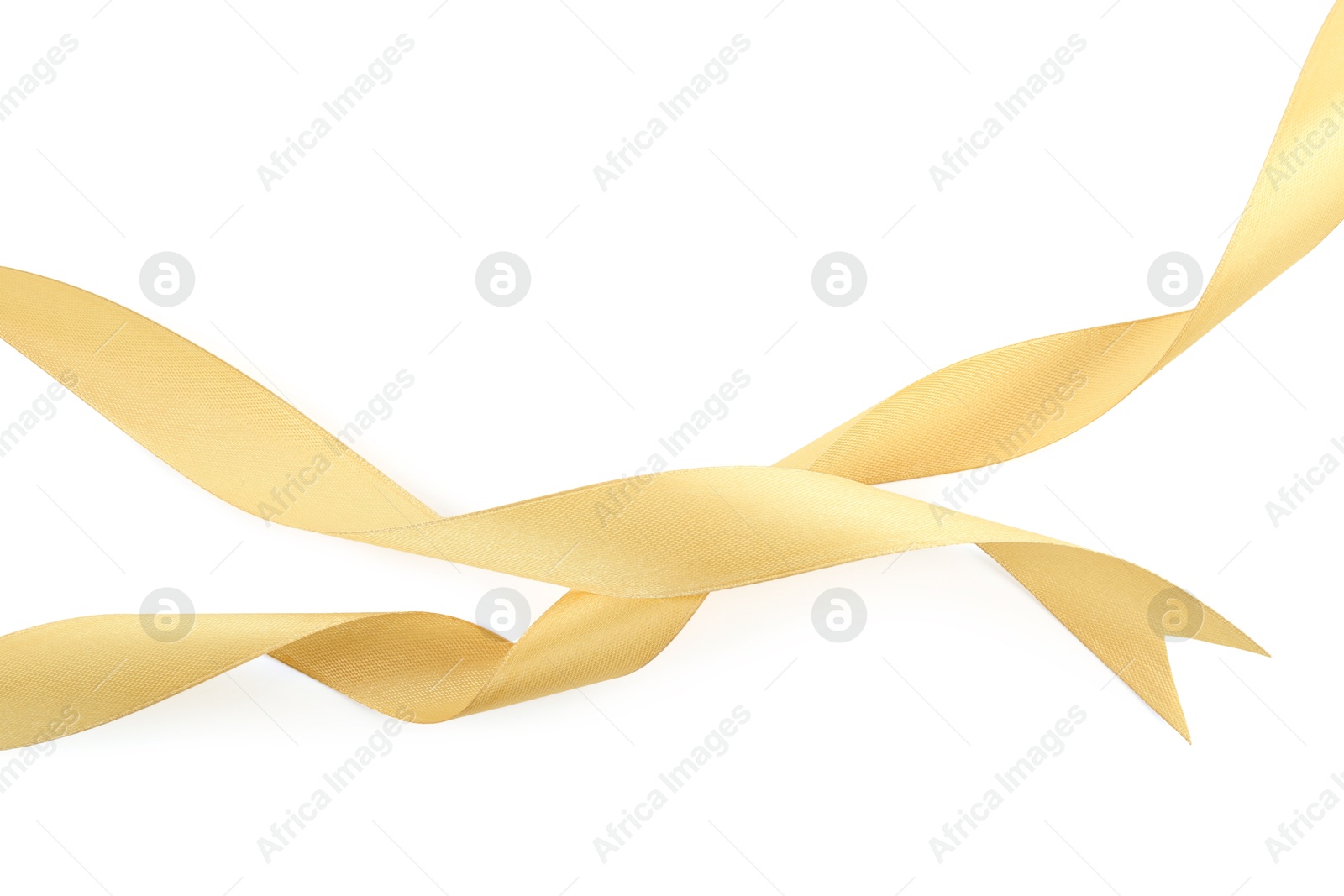 Photo of One beautiful light yellow ribbon isolated on white, top view