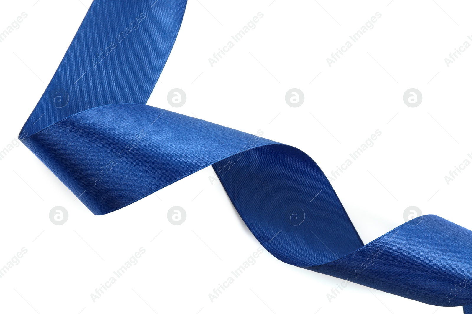 Photo of One beautiful blue ribbon isolated on white, top view