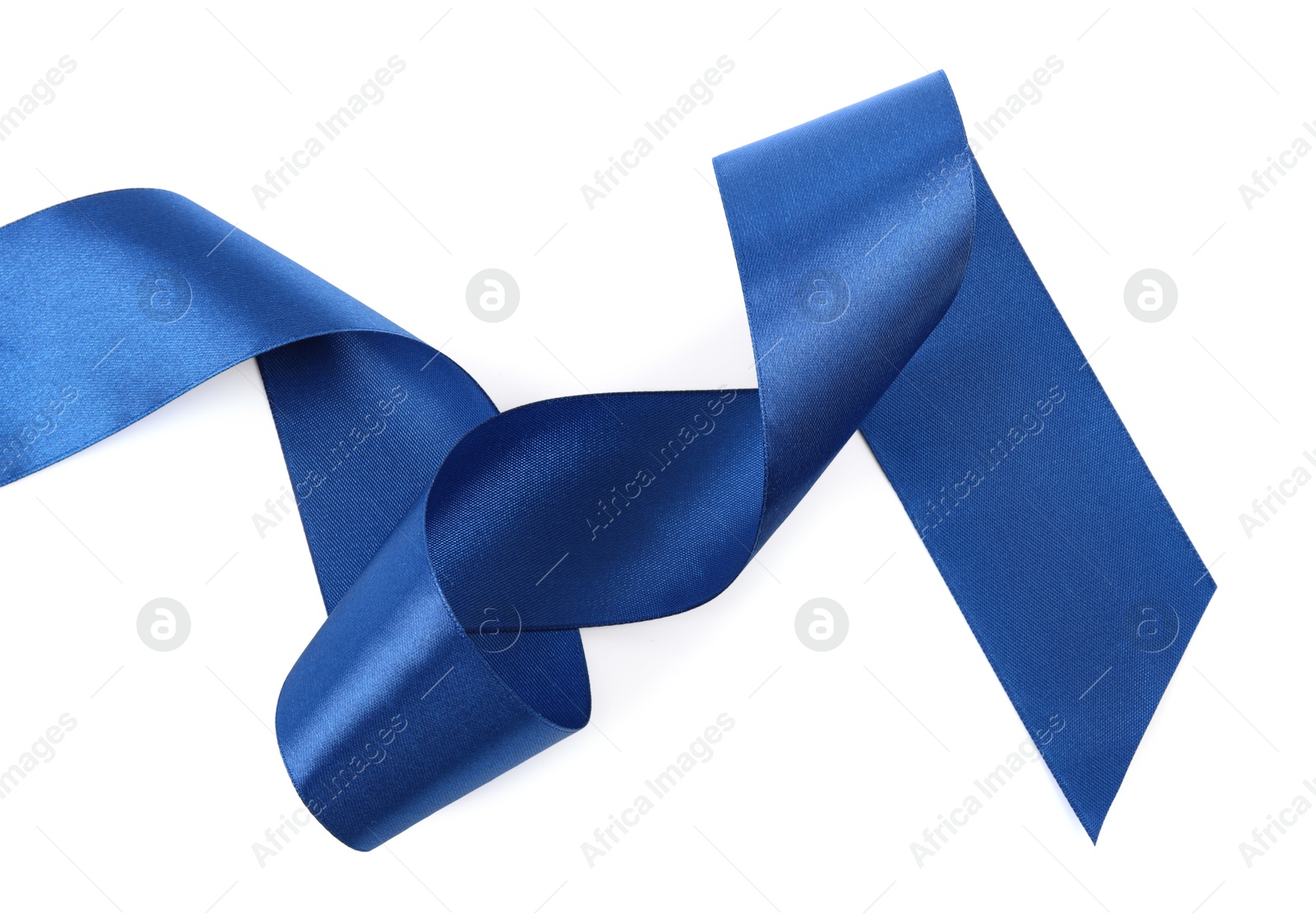 Photo of One beautiful blue ribbon isolated on white, top view