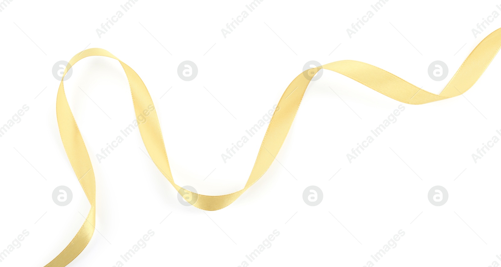 Photo of One beautiful light yellow ribbon isolated on white, top view