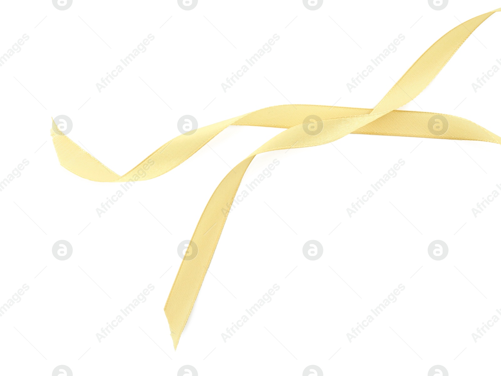 Photo of One beautiful light yellow ribbon isolated on white, top view