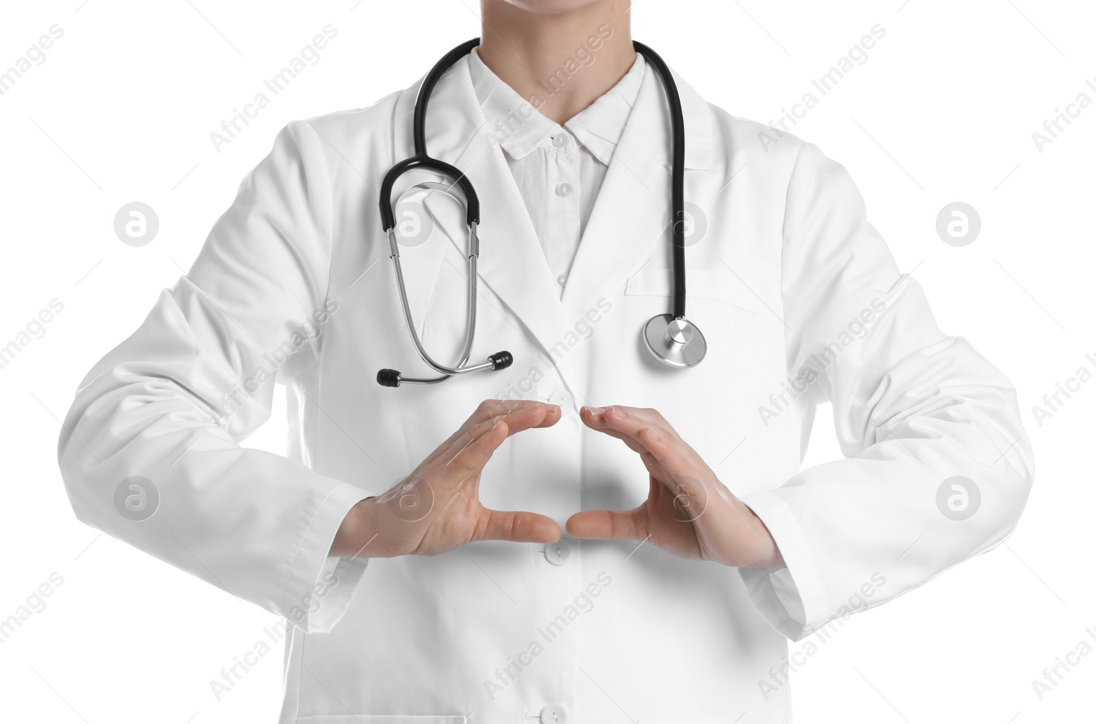 Photo of Doctor holding something on white background, closeup