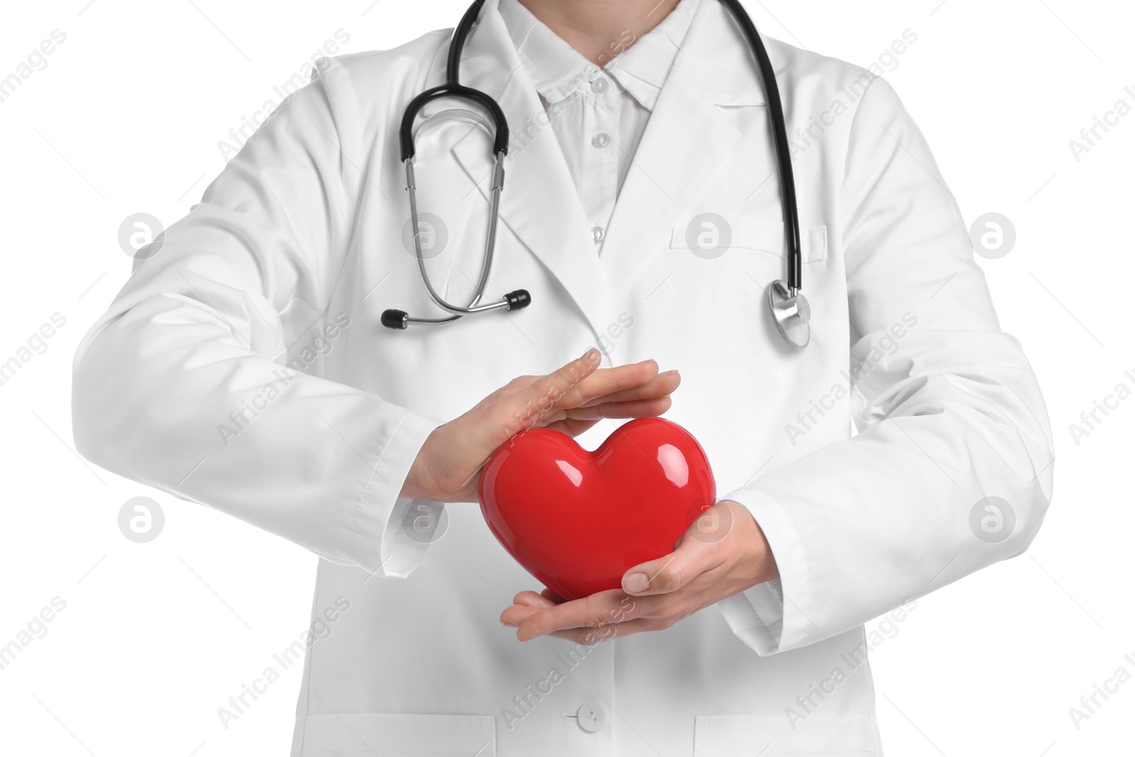 Photo of Doctor with red heart on white background, closeup