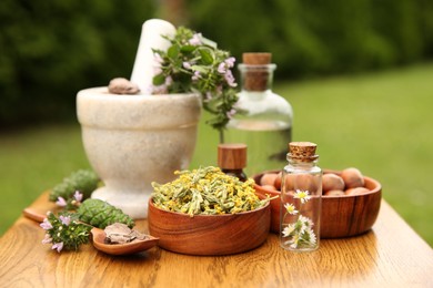 Different ingredients for tincture, bottles, mortar and pestle on wooden table outdoors