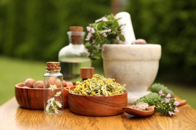 Different ingredients for tincture, bottles, mortar and pestle on wooden table outdoors