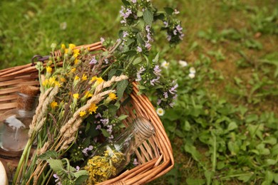 Photo of Tincture and flowers in wicker basket outdoors, space for text