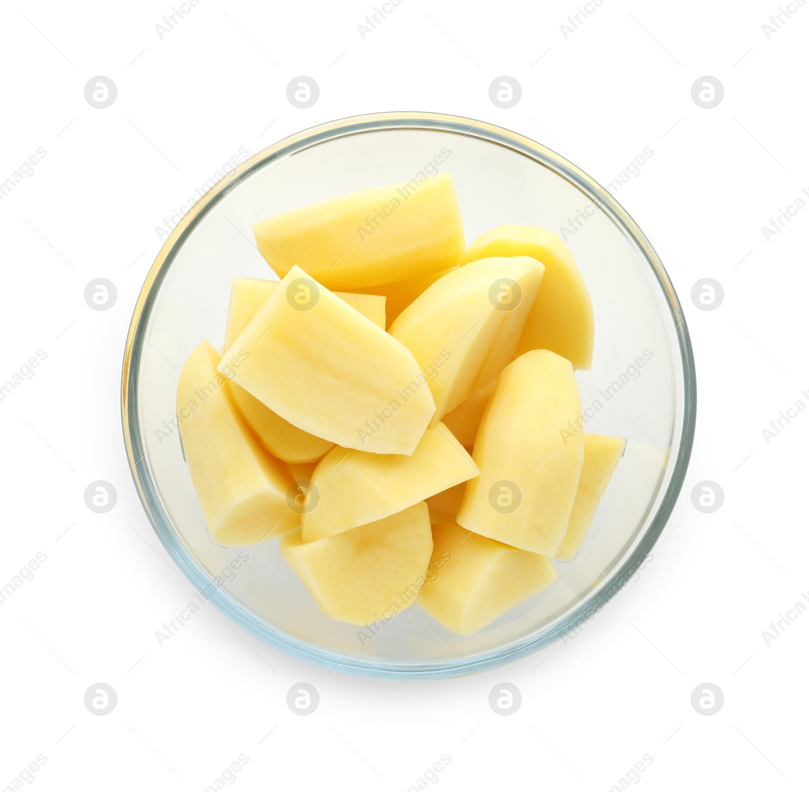 Photo of Raw potatoes in bowl isolated on white, top view