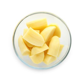 Raw potatoes in bowl isolated on white, top view