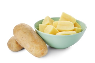 Photo of Whole and cut potatoes isolated on white