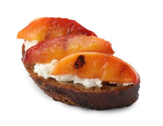 Photo of Delicious bruschetta with ricotta cheese and peach isolated on white