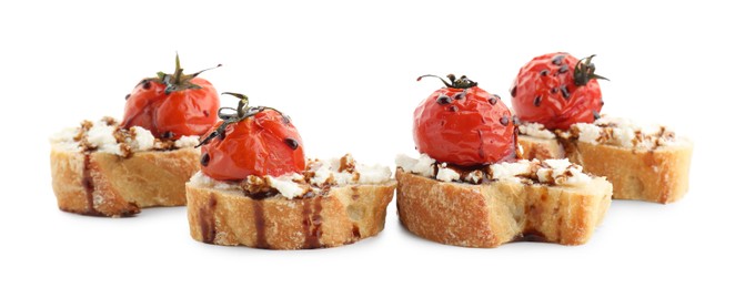 Photo of Delicious bruschettas with ricotta cheese, tomatoes and balsamic sauce isolated on white