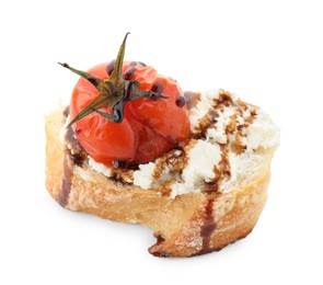 Delicious bruschetta with ricotta cheese, tomato and balsamic sauce isolated on white